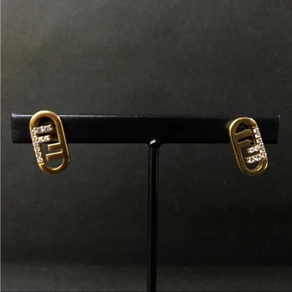 FENDI FF Logo Rhinestone Gold Tone Pierced Earrings - Picture 2 of 7